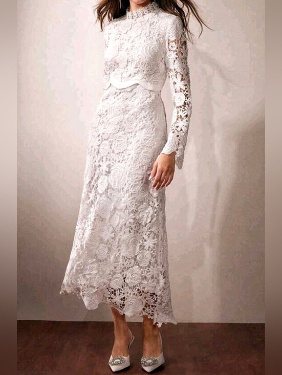 Boutique Dresses & Skirts - New Floral Embroidered Lace Sheer Mock Neck Scalloped Midi Dress White